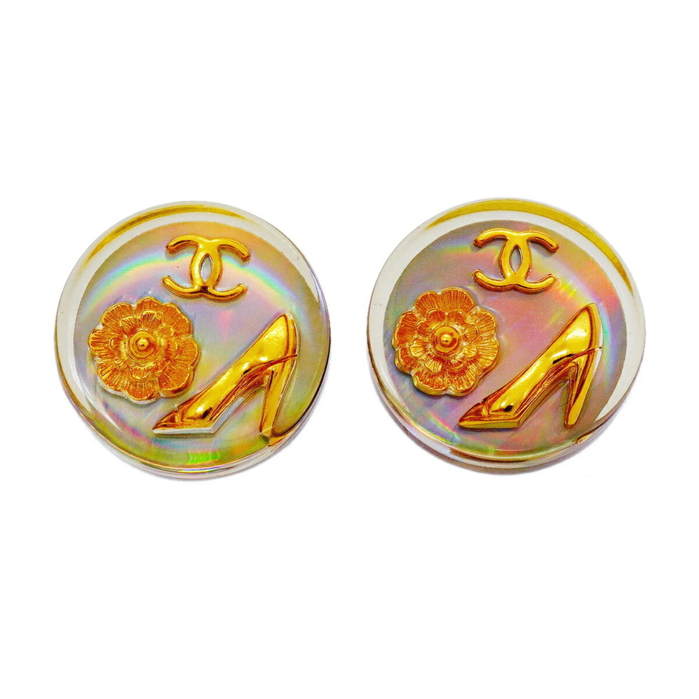 Chanel Earrings, Coco Mark, Camellia, Circle, High Heel Motif, GP Plated, Gol...